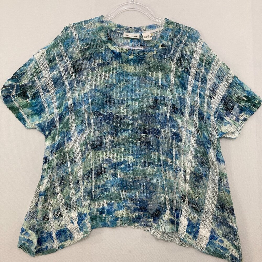 Patchington Large Blue Tie Dye Open‎ Knit Boho Relaxed Blouse Festival Artsy